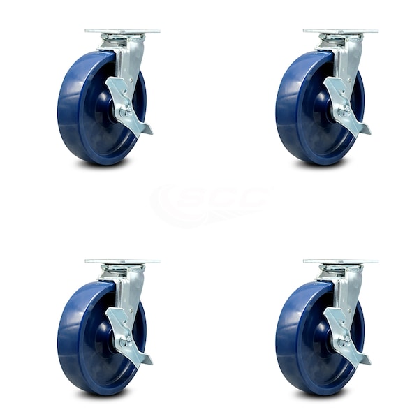 8 Inch Solid Polyurethane Swivel Caster Set with Ball Bearings and Brakes SCC